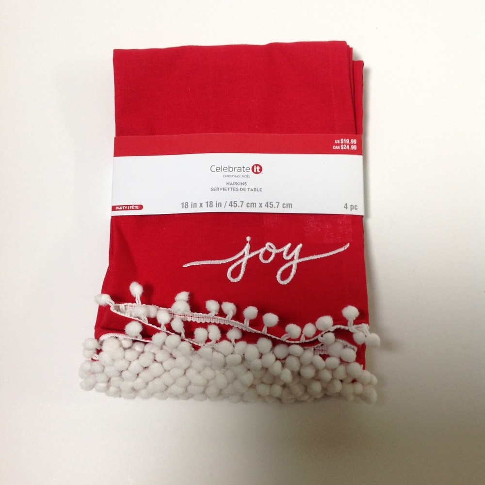 NWT Set of Four 4 Red Holiday Napkins Joy Ball Fringe Christmas